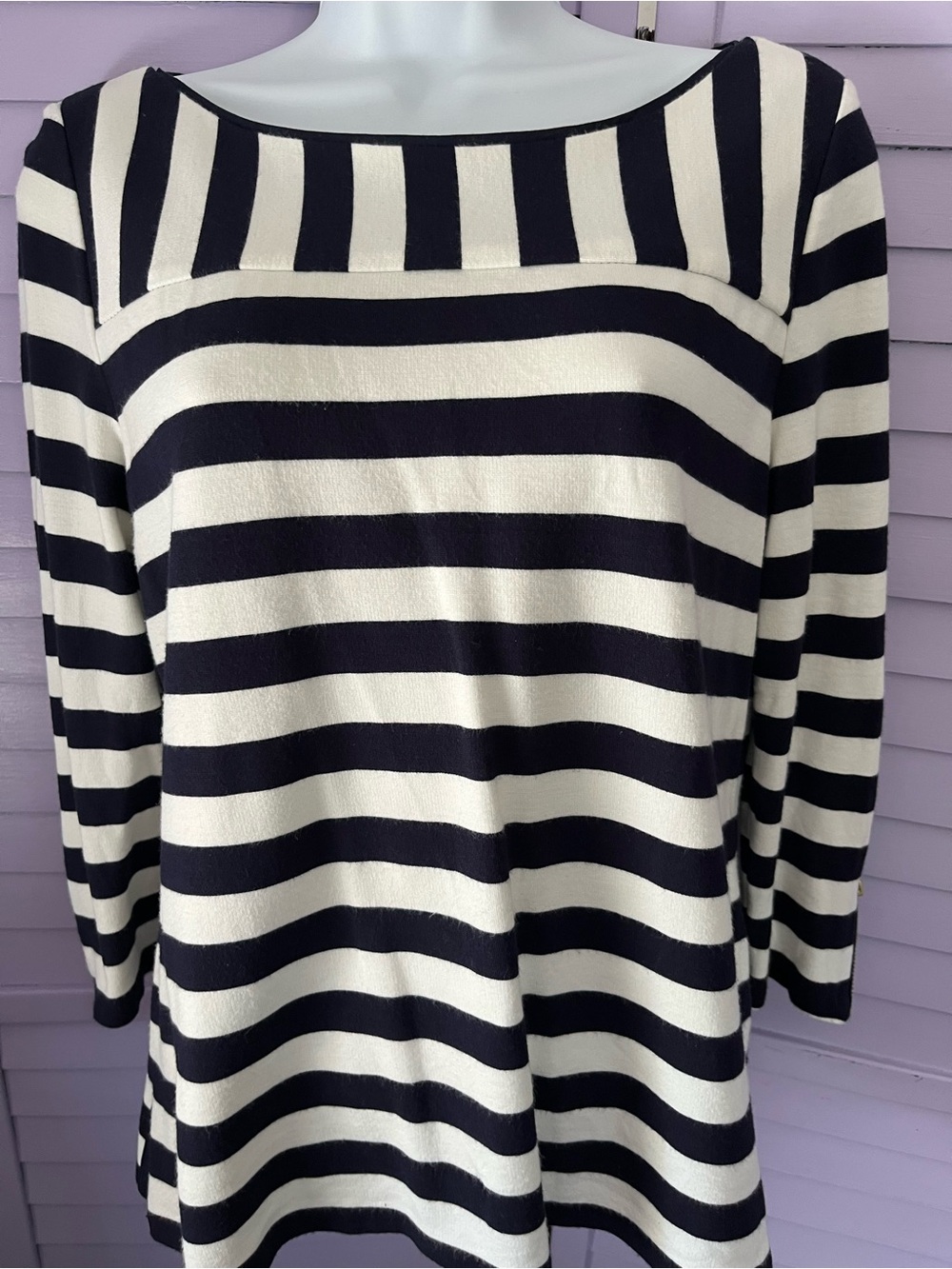 TALBOTS Women's Black and White Striped Boatneck Top.  MP. Zippered sleeves
